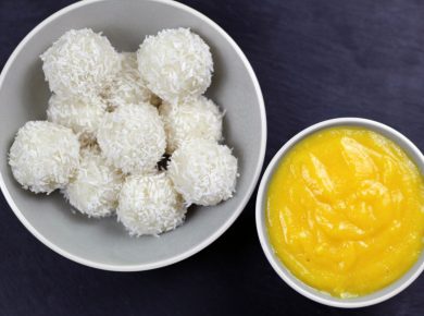 Sticky Reisbällchen mit Mango Dip (vegan)